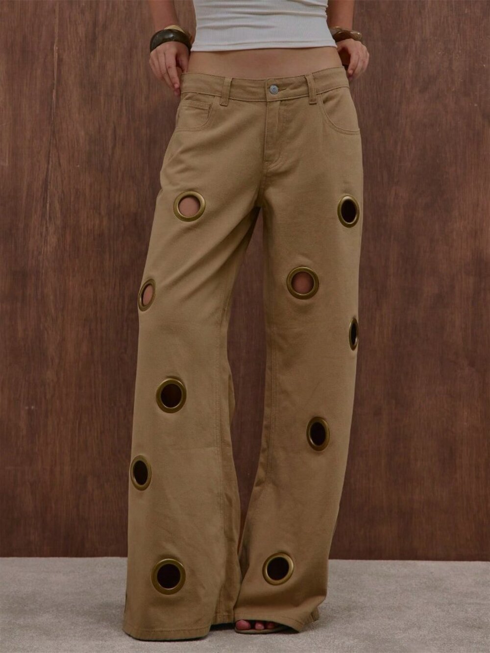 Khaki Casual Women's Denim Flared Jeans with Eyelet Studs - Picture 3 of 5